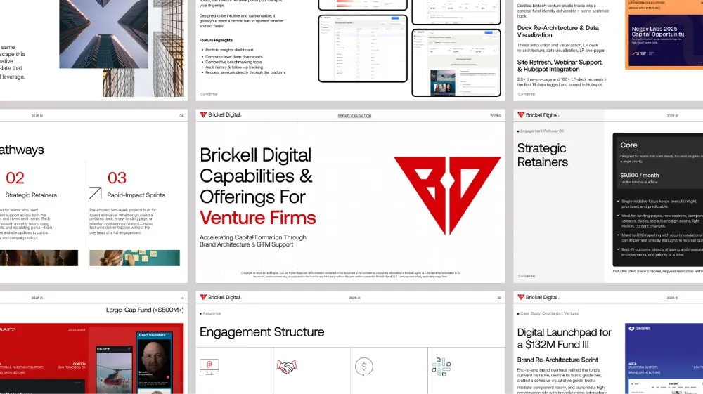 Collage of slides from Aniello Infantini presentation showing venture firm offerings, strategic retainers, engagement structure, and digital launchpad details with charts, text, and logos.