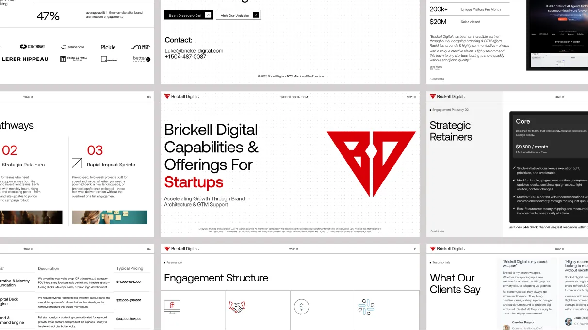 Presentation slides showcasing Aniello Infantini capabilities and offerings for startups, including strategic retainers, rapid-impact sprints, pricing, client testimonials, and contact information.