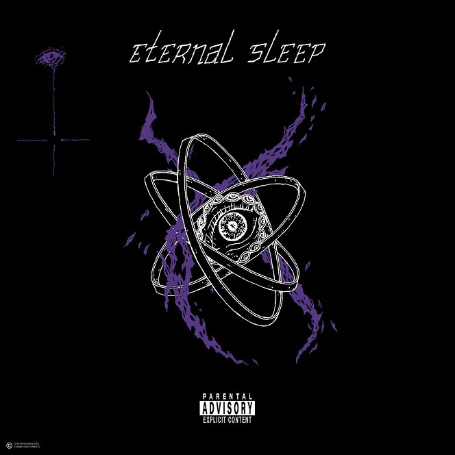 Album cover with the title 'Eternal Sleep', featuring a stylized eye inside intersecting rings and purple flames on a black background, with a parental advisory label at the bottom.