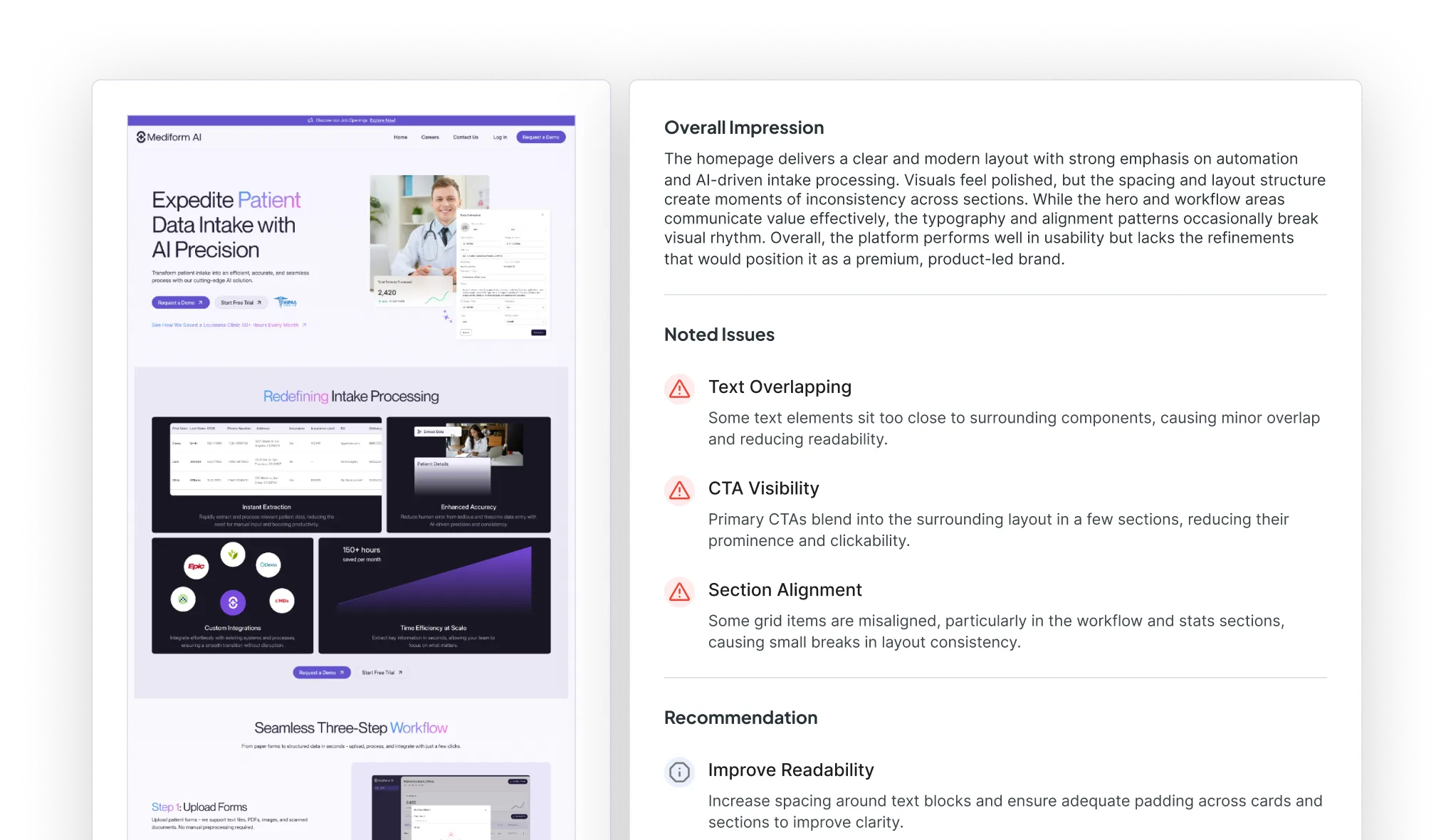 Audit report webpage showing feedback with sections titled Overall Impression, Noted Issues like Text Overlapping, CTA Visibility, Section Alignment, and Recommendations for improving readability.