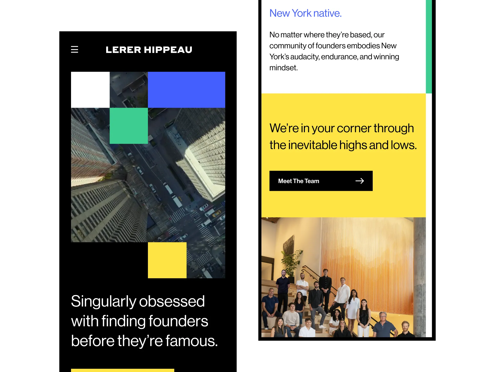 Website screenshot featuring Promerit Capital logo, an aerial city street view with colored squares, tagline about finding founders, a section describing New York native founders, and a group photo of a diverse team.