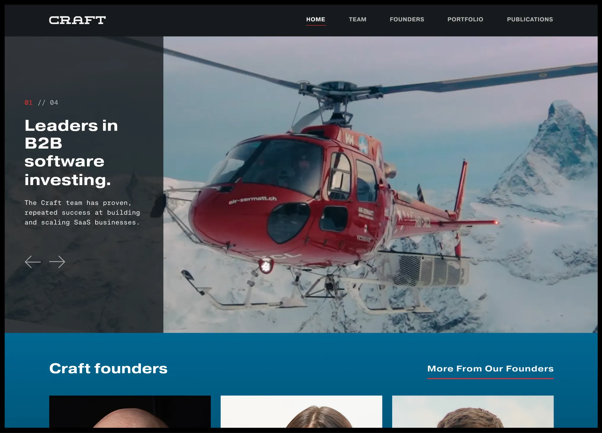 Red helicopter flying over snowy mountains with a clear sky, alongside text about B2B software investing.