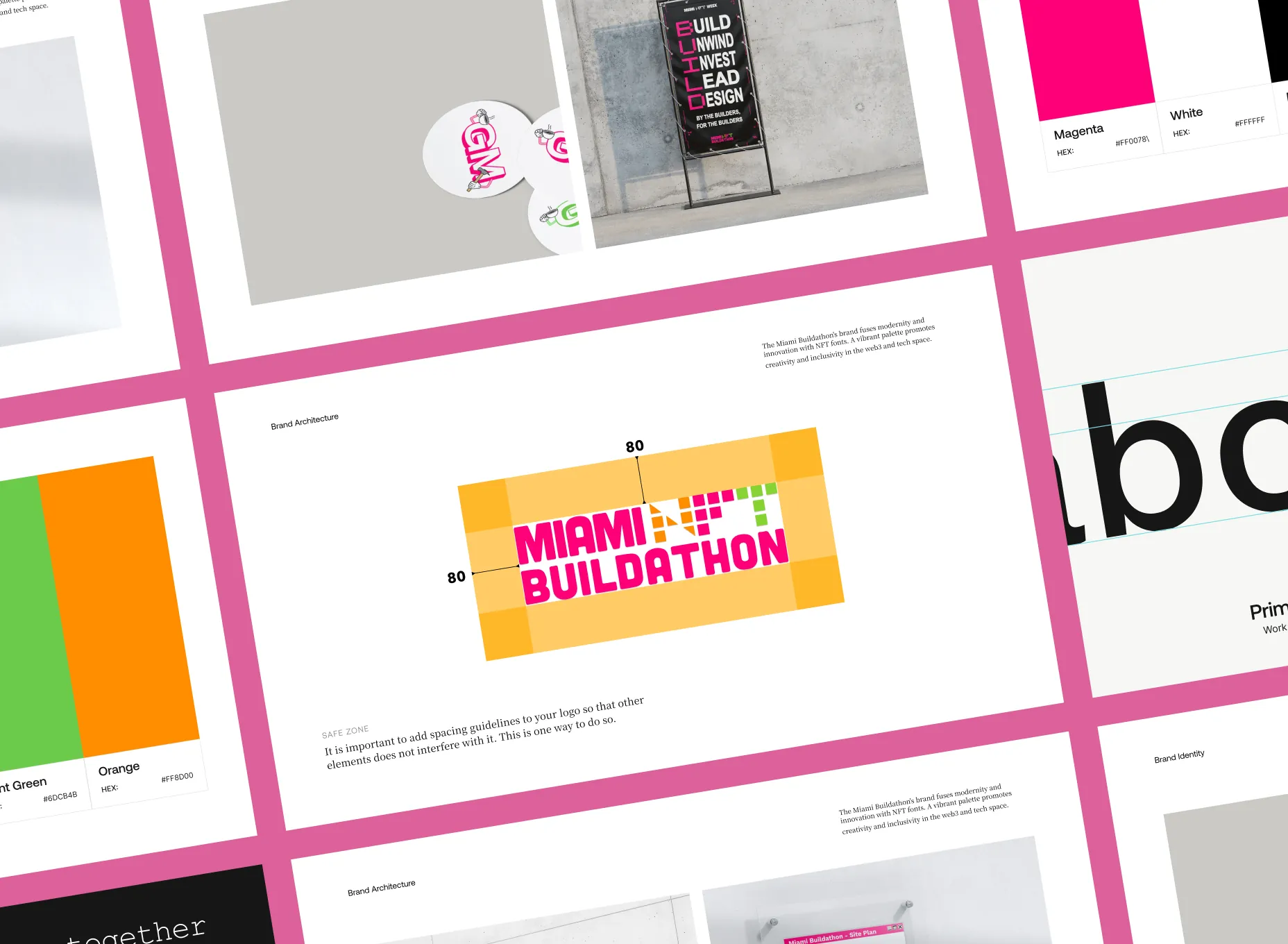 Aaron Kahn Music logo centered in a safe zone grid with magenta text and colorful pixelated NFT letters above, surrounded by brand colors and typography samples on a pink background.
